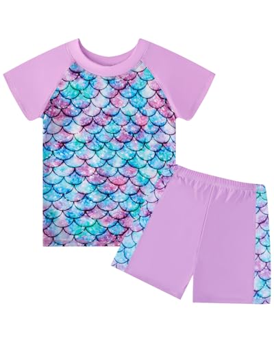 JiAmy Girls Swimming Costume Kids Two Piece Short Sleeve Swimsuit UV Sun Protection Swimwear Summer Beach Bathing Suit Purple Mermaid 5-6 Years