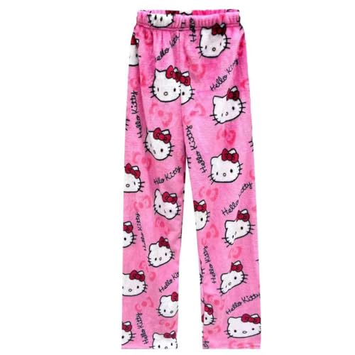 European Size Pyjama Bottoms, Women's Flannel Cuddly Pyjamas, Anime Cartoon Leisure Pyjama Bottoms for Autumn and Winter, pink, M