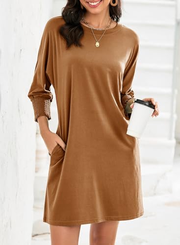 Image of Dokotoo Womens Dresses 2025 Spring 3 /4 Sleeve Fashion Dresses Crewneck Casual Mini Dress with Pockets S-XL