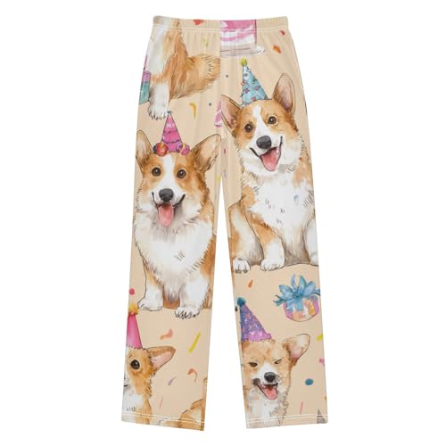 Corgi Dog with Birthday Party Hat Boys Long Pants Soft Trousers Elastic Waist Kids Lounge Bottoms with Pockets S-XL