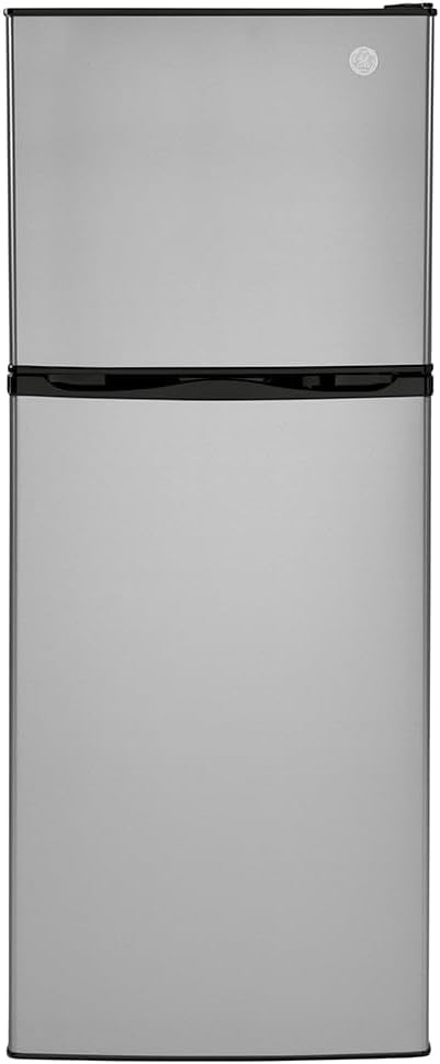 GE GPV10FSNSB 24" Top Freezer Refrigerator with 9.93 cu. ft. Capacity 12V DC Power Only LED Lighting and Adjustable Spillproof Glass Shelves in Stainless Steel and Black