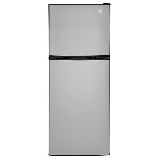 GE GPV10FSNSB 24" Top Freezer Refrigerator with 9.93 cu. ft. Capacity 12V DC Power Only LED Lighting and Adjustable Spillproof Glass Shelves in Stainless Steel and Black