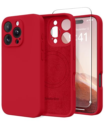 Image of Magnetic for iPhone 16 Pro Max Case, Compatible with MagSafe, [Full Camera Protection][Screen Protector] Silicone Shockproof Protective Phone Case for iPhone 16 Pro Max 6.9 inch, Deep Red