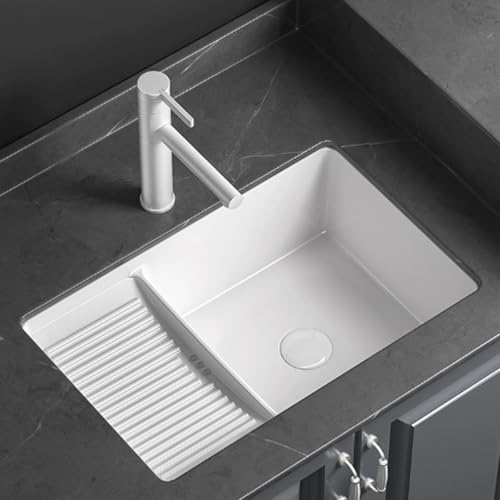 Fregadero de baño multifunción con válvula de ángulo de orificio de drenaje y grifo Pila adero con tabla de lavado (610 x 400 x 225 mm, 24 x 15.7 x 8.9 pulgadas)