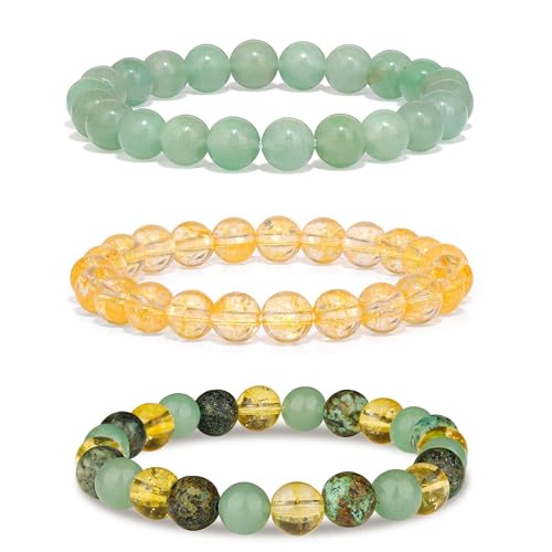 Crgwxzl 3pcs Wealth Money Bracelets,Healing Crystal Citrine African Turquoise Bracelets for Women Men,Lucky Feng Shui 8mm Natural Stone Green Aventurine Beaded Spiritual Gemstone Jewelry Gifts