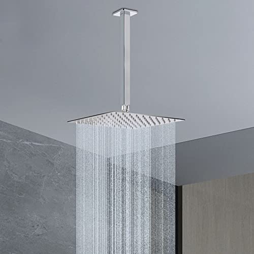 Image of Ceiling Mounted Shower Arm, Rain Shower Square Extension Arm with Flange and Teflon Tape Stainless Steel Ceiling Mount Shower Extender (12 Inch, Chrome)