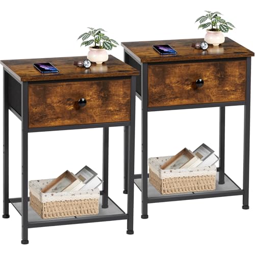 AMHANCIBLE Night Stand Set 2, Bedside Table with Fabric Drawer, Industrial End Tables Living Room...