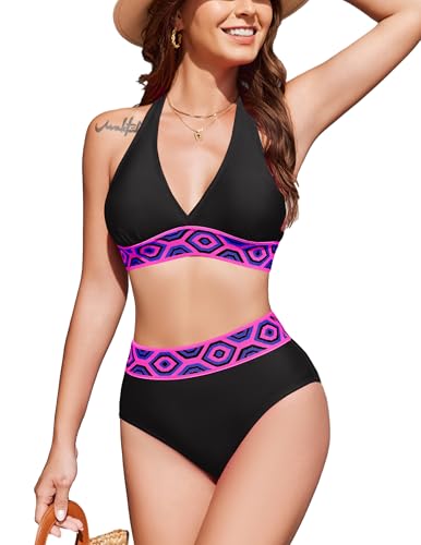 AI'MAGE Women's Bikini Sets High Waisted Swimsuit Two Piece Bathing Suits Push Up Bikini Tummy Control Swimsuits Black Large