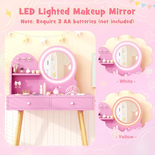 Image of HONEY JOY Kids Vanity, Little Girls Vanity Set with Mirror and Stool and Lights, Drawers, Toddler Makeup Vanity Dressing Table, Wooden Pretend Play Kids Vanity Table and Chair Set (Pink)