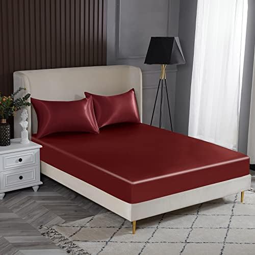 YIYEA King Satin Fitted Sheet with Pillowcase, Ultra Soft 16" Deep Pocket Silk Satin Fitted Bottom Sheet, Wrinkle Free, Non-Fading, Breathable, Fully Elasticized - King Size, Burgundy