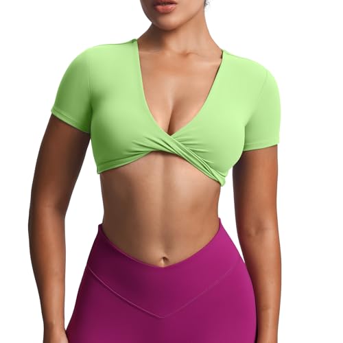 Image of Aoxjox Short Sleeve Crop Tops for Women Sienna Twist Deep V Workout Cropped T Shirt Top (Paradise Green, Small)