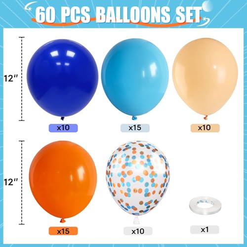 Image of HILAVO Blue and Orange Balloons, 60PCS 12 Inch Royal Light Blue and Orange Beige Balloon Confetti Balloons for Kids Space Theme Party Baby Shower Birthday Graduation Party Decoration