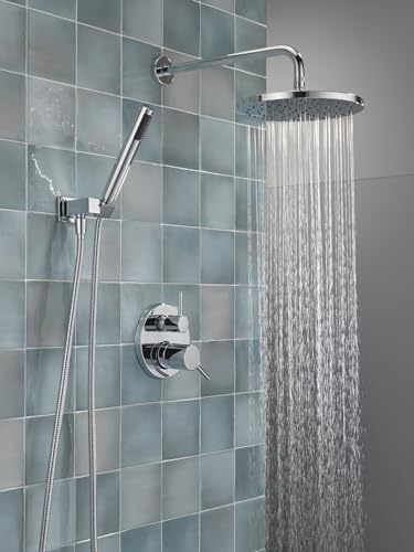Image of Delta Modern 14 Series Round Rain Shower System Faucet Set, Rainfall Chrome Shower Head and Handle Set, Valve Trim Kit, 10 Inch, Chrome T342702 (Valve Not Included)