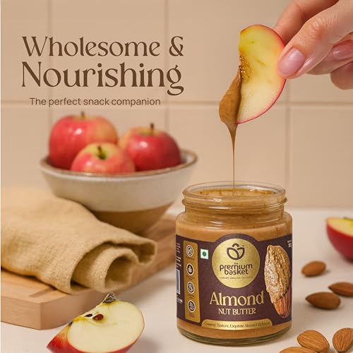 Image of The Premium Basket Almond Nut Butter - Unsweetened | Almond Nut Grade - Gold Premium | High dietary fibre | Rich in Protein | Transfat-Free | 180g Natural Spread (Pack of 2)
