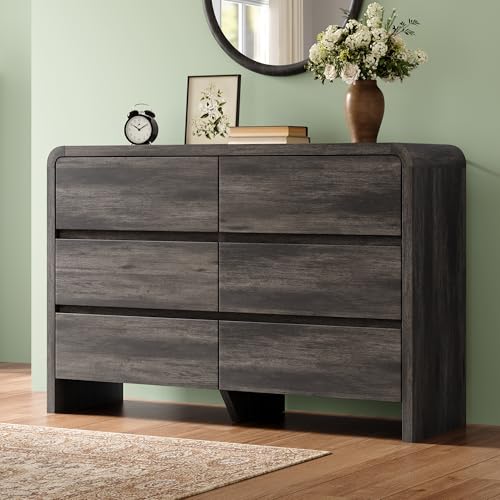 Image of AMERLIFE 6 Drawer Dresser for Bedroom, 49 inch Long Modern Chest of Storage Drawers with Rounded Corners, Anti-Tip Kit, Wood Cabinet Organizer for Closet, Bedroom, Apartment, Nursery, Easy Assembly, Black