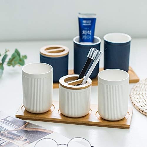 Ceramics 4 Sets of Bathroom with Bamboo Tray Soap Holder Set Bathroom Accessories Toothpaste Holder Dispenser (Color : Pink, Size : Free) (White Free) image 2