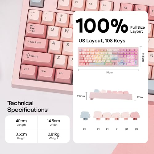 Image of MechLands Aula S102 Membrane Gaming Keyboard with Number Pad, 100% Full Size Layout, USB-C Wired, RGB Backlit, Creamy Silicone Structure, Silent Keyboard for PC Game /Office (Pink)