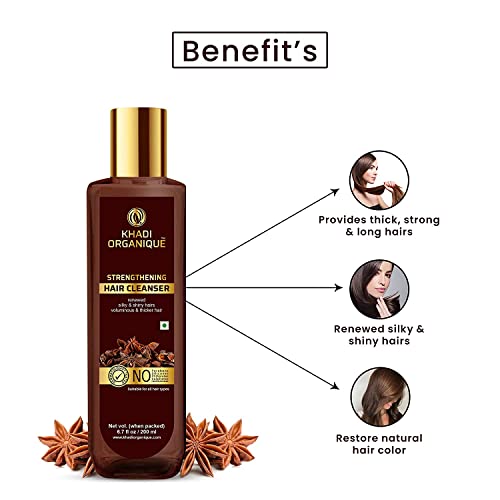 Image of Khadi Organique Strengthening Shampoo | Anti-Dandruff Cleanser | Nourish Hair Follicles, Reduce Frizz & Promotes Hair Growth | SLS & Paraben Free | For Strong, Shiny & Healthy Hair - 200ml (Pack of 1)