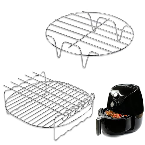 Riisoyu 2 Stück Heißluftfritteuse Zubehör, Air Friteuse Grill Heißluftfritteuse Grillrost mit 4 Spießen Edelstahl Airfryer Grillpfanne 17,7cm Grillrost aus Edelstahl 304 Fit 3,5-5,8QT