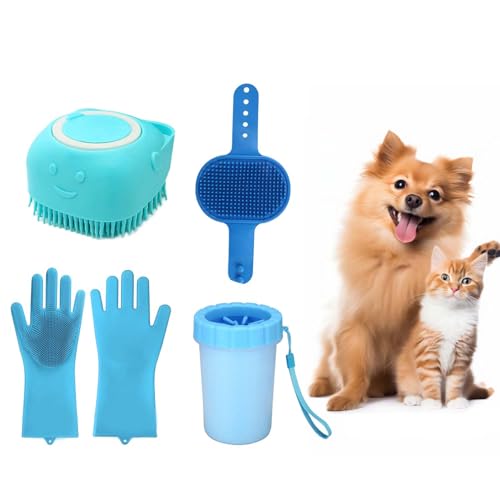 Image of 4-in-1 Pet Grooming & Cleaning Set | Silicone Washing Gloves, Grooming Glove Brush, Paw Cleaner Cup & Soft Bath Scrubber | for Dogs & Cats | Easy Bathing, Fur Removal & Daily Paw Hygiene