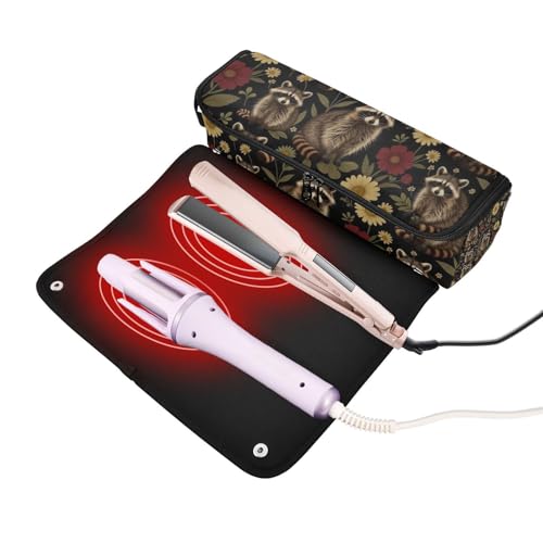 Bolsa de viaje para herramientas de cabello y tapete resistente al calor con cierre para plancha y rizador, con diseño floral de mapaches y flores miniatura 2