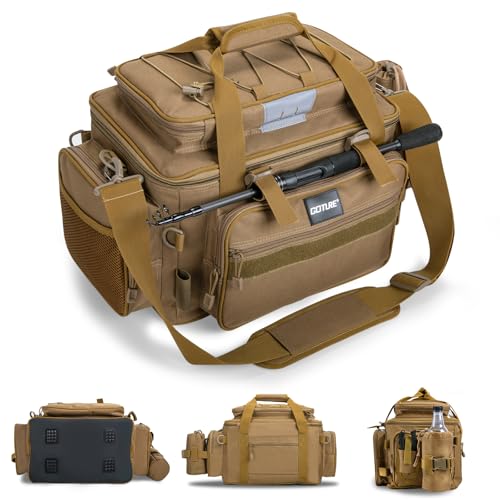 Goture Angeltasche, weiche Seite, wasserabweisend, Umhängetasche, Verstellbarer Angelrutengurt, Angelrucksack Mit gepolsterten Schultergurten, Reflektorstreifen und rutschfestem Boden Khaki