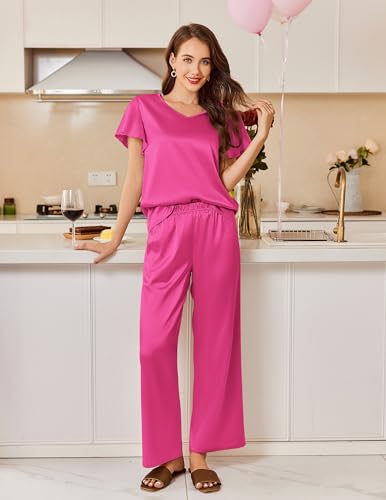 Image of Ekouaer Women's Satin Silky Pajama Set 2 Piece Short Sleeve Shirt with Long Pants Pjs Sets Soft PJ Loungewear S-XXL