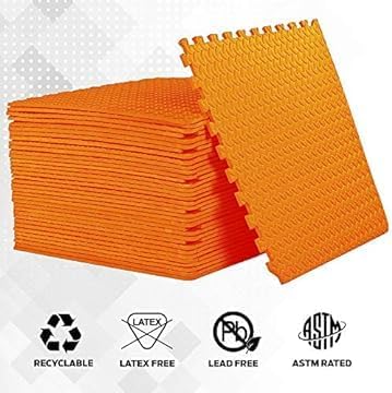 GSQUARE Fitness Puzzle Mat, Gym Floor Mat, Exercise Mat, EVA Foam Interlocking Tiles, Protective Flooring for Gym Equipment and Workouts, 12mm Extra Thick (Orange, 4pcs - 16 Square Feet) 1