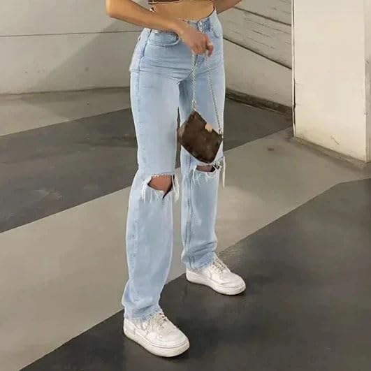 Women Jeans Straight Ankle Length High Waist Zipper Holes Pockets Loose Casual Work Pants4