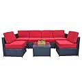 MCombo Patio Furniture Sectional 7 Pieces Wicker Sofa Set Outdoor Seating Couch Black Rattan Conversation Chair with Tea Coffee Table and Cushions Clips 6085 (Red)
