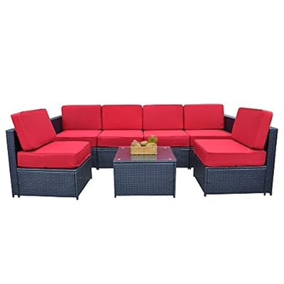 MCombo Patio Furniture Sectional 7 Pieces Wicker Sofa Set Outdoor Seating Couch Black Rattan Conversation Chair with Tea Coffee Table and Cushions Clips 6085 (Red)