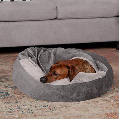 Furhaven-27-Round-Calming-Donut-Dog-Bed-for-MediumSmall-Dogs-Washable-For-Dogs-Up-to-45-lbs-Plush-Velvet-Waves-Hooded-Donut-Bed-Dark-Gray-Medium