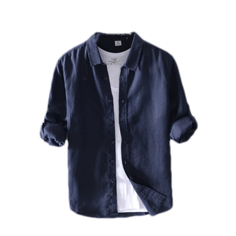 Vsadsau Camisa vintage de manga larga 100 % lino para hombre, estilo casual, L610 Deep Blue, XL