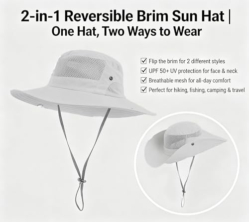 Sun Hats for Men Women Waterproof Wide Brim Bucket UPF 50+ UV Protection Foldable Outdoor Hiking Beach Fishing Safari Hat ﻿ Light Gray — view 3