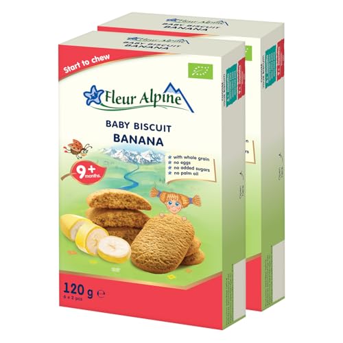 Fleur Alpine - Fleur Alpine Banana Baby Biscuits - 12x2 Yummy Organic Baby Snacks for Delicious Smooth Breakfast Porridge Or Daytime Snack | Easy With Whole Grain Snack Biscuits with No Added Sugar | 9 Mths