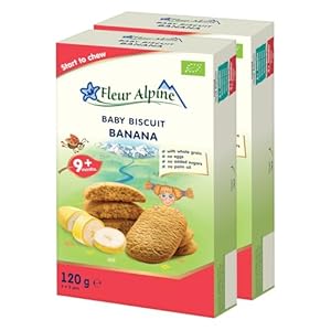 Fleur Alpine Banana Baby Biscuits – 12×2 Yummy Organic Baby Snacks for Delicious Smooth Breakfast Porridge Or Daytime Snack | Easy With Whole Grain Snack Biscuits with No Added Sugar | 9 Mths