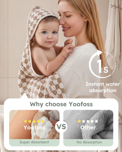 Image of Yoofoss Hooded Baby Towels for Newborn 2 Pack 100% Muslin Organic Cotton Baby Bath Towel with Hood for Babies, Infant, Toddler and Kids, 32x32Inch, Soft and Absorbent, Green Brown Checkered