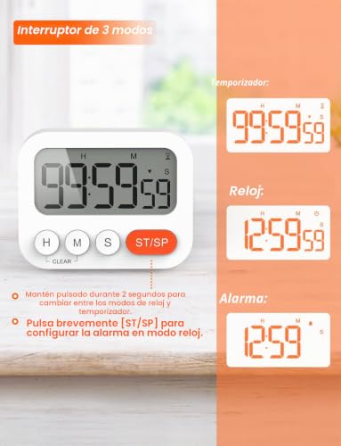 Temporizador de cocina digital LIORQUE de 2 piezas, reloj con imán y volumen regulable 4