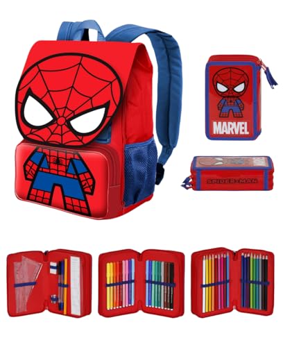 GREEN TRADE Set Scuola Spidey con Zaino Espandibile e Astuccio 3 zip da 44 pezzi Completo di colori, matite e accessori per la Scuola Elementare
