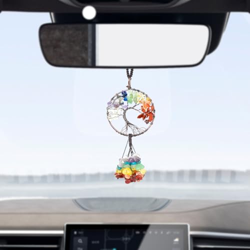 Norkmdi Tree of Life Car Mirror Hanging Accessories, Boho Chakra Crystal Healing Stones Rear View Mirror Ornament, Lucky Stone Tree Auto Rearview Swing Decor, Universal for SUV RV Truck (Round) - Thumbnail 5