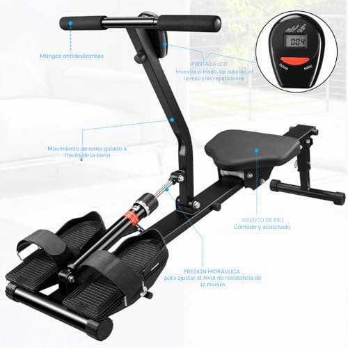 Miniatura 4 de Bakaji Máquina De Remo Plegable Para Casa, Ahorra Espacio Y Silencioso, Equipo De Entrenamiento Para Interiores Con Pantalla Lcd Y 12 Niveles De Resistencia, Capacidad De Carga 120 Kg, Ideal Para