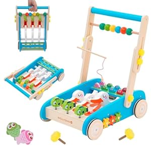 Lauflernhilfe,Holz-Schiebespielzeug für Babys,Lauflernhilfe für Kinder aus Holz,Lauflernwagen mit Montessori Holzspielzeug und Angelspielzeug,Gehhilfe mit Gummibereifung, Babywalker für ab 6 Monaten