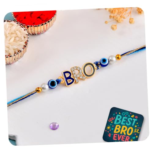 Image of BRO Kids Rakhi for Brother | Stylish Evil Eye Rakhi for Boys, Bhai, Bhaiya | Raksha Bandhan Rakhi Gift Combo Set with Best Bro Ever Fridge Magnet & Roli Tilak Pack for Brother Gift Set Rakhi