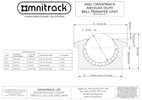 M30D Omnitrack Push Fit Medium Duty Ball Transfer Unit 1'' Ball with Acetal (POM) Main Ball 55lb Load Capacity