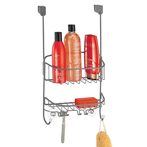 mDesign Estanterías de baño para Colgar – Práctico Colgador de Ducha sin Taladro – Estantes para baño de Metal con 2 cestas metálicas, 4 Ganchos pequeños y 2 Ganchos Grandes – Gris/Blanco