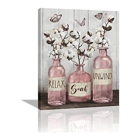 remzoke Farmhouse Bathroom Decor Wall Art Rustic Cotton Pink Jar Pictures for Country Canvas Prints Relax Soak Unwind Signs Painting Modern Artwork Home Decoration for Bathroom 16"x20" Cover
