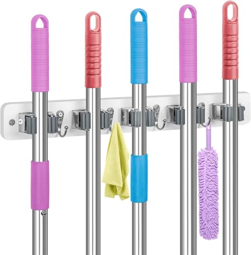 Besenhalterung Wand, Holz Gerätehalter Wandhalterung mit 5 Halter und 4 Haken, Gartengerätehalter Werkzeughalter Besenhalter Mopphalter Wandhaken für Badezimmer Garten Garage