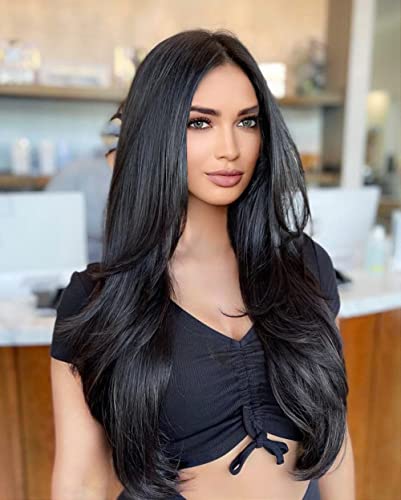 AISI HAIR Natural Black Wigs for Women Long Black Wavy Wig Synthetic Layered Wig for Daily