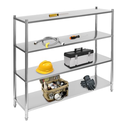 PDTHADP 4-Tier Stainless Steel Shelving 59.1 x 17.7 x 61In Adjustable Height Shelf Storage 529LBS Commercial Shelving 132.25LBS Per Shelf Stainless Steel Heavy Duty Shelving for Warehouses