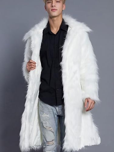 Image of FTIMILD Men's Long Faux Fur Coat Single Breasted Warm Winter Trench Coat Fluffy Thick Overcoat